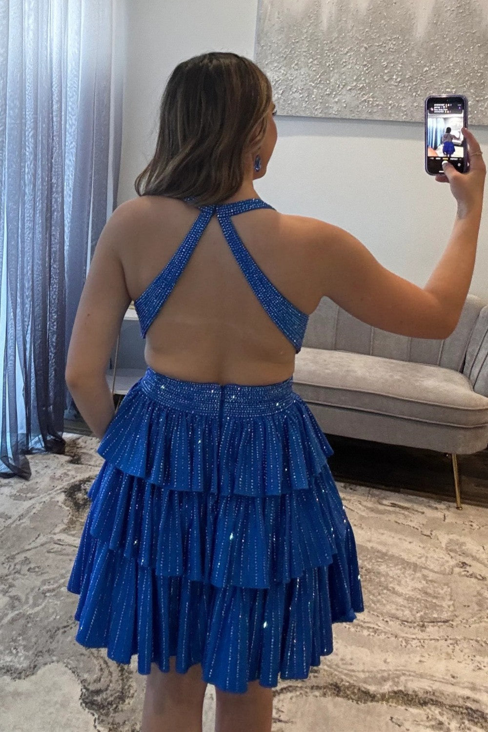 Bling A Line Halter Neck Blue Short Homecoming Dress with Beading