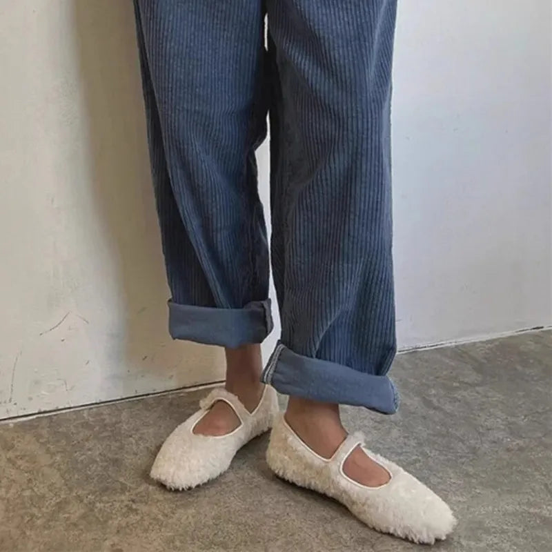 Winter Warm Furry Wool Women Ballet Flats Comfortable Soft Soles Mary Janes Walking Loafers Casual Girls Dance Lazy Shoes