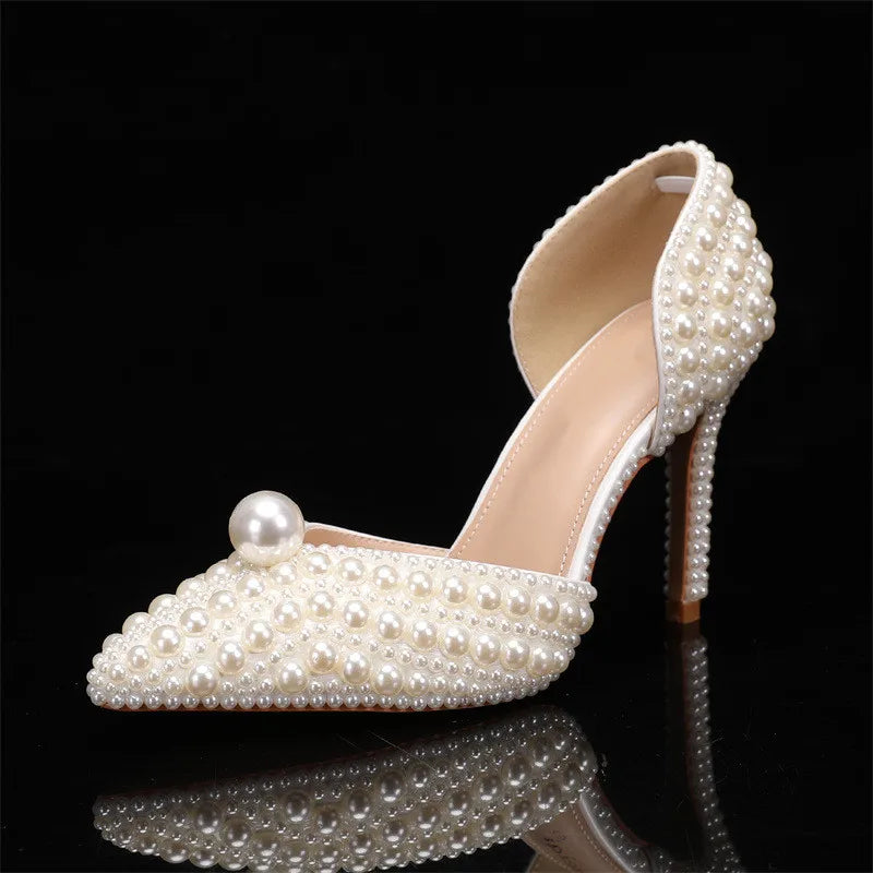 Luxury full pearls Beaded Decoration Women Pumps Elegant Pointed toe Thin High heels Female Wedding Bridal Banquet Prom Shoes Beige