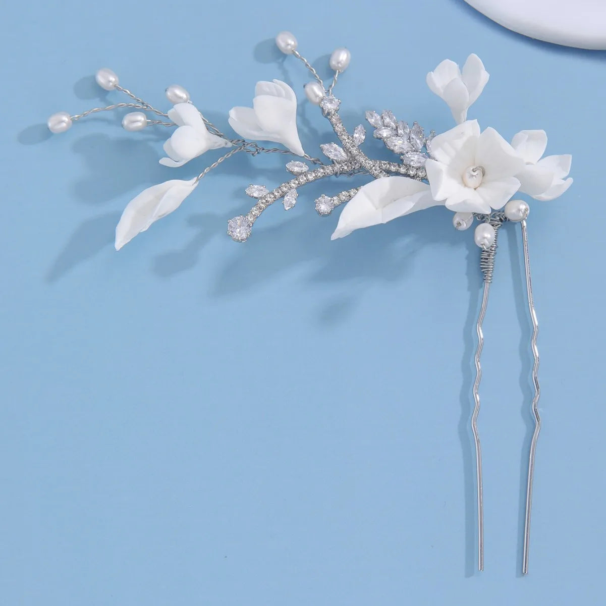 Porcelain Flower Hair Pin Clip Zircon Hairpin Brides Bridesmaids Silver Color Head Pieces Wedding Accessories Bridal Jewelry a