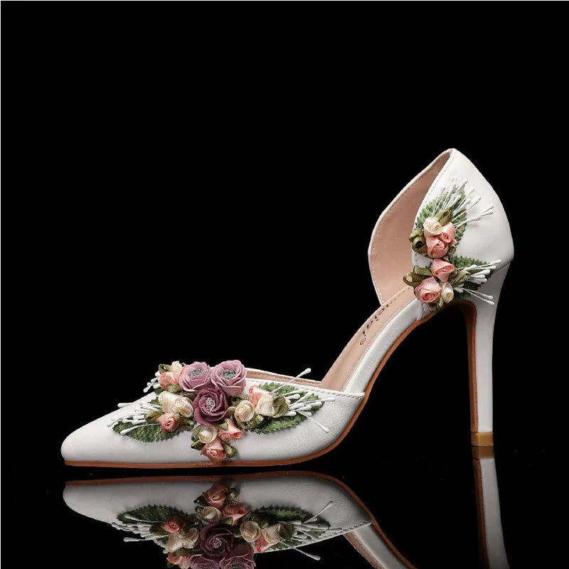 Fashion Flowers Leaf Satin Mary Janes Women Pumps Spring Autumn Elegant Pointed toe Thin High heels Wedding Bridal Shoes White 9cm