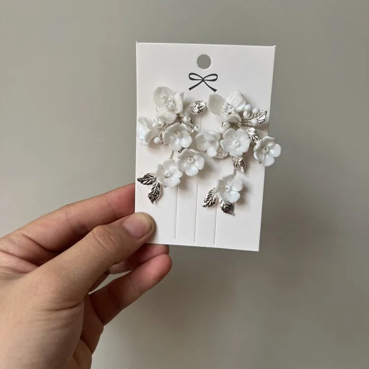 Porcelain Flower Hair Pin Clip Silver Color Head Piece For Brides Bridesmaids Leaf Hairpin Bridal Jewelry Wedding Accessories a