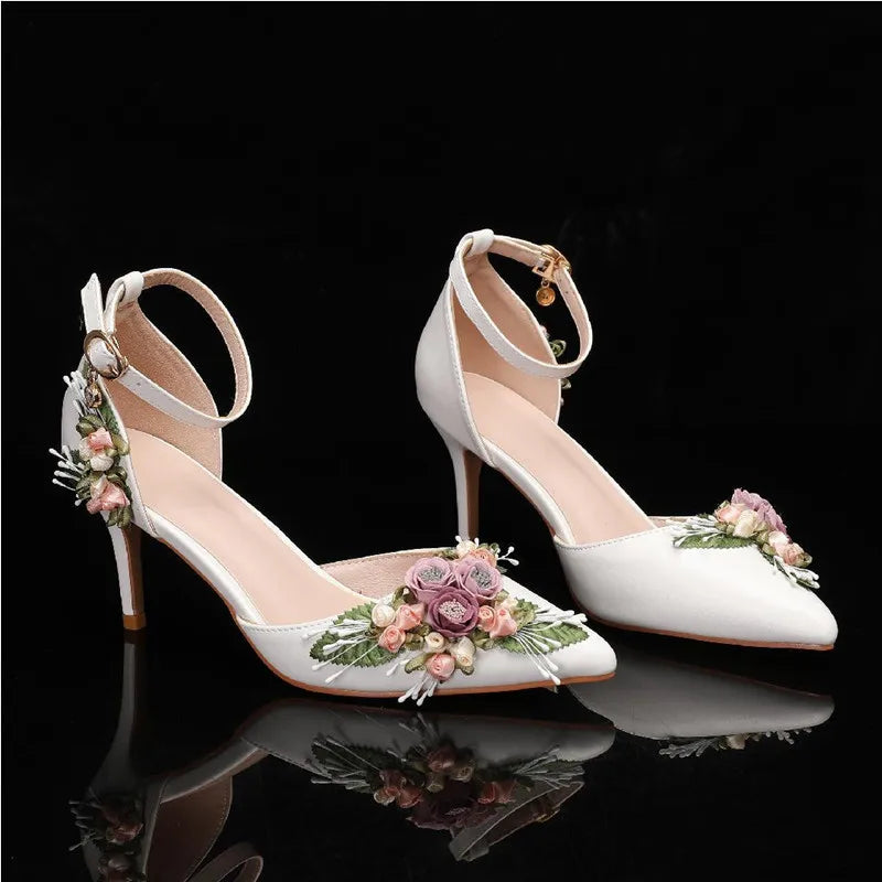 Fashion Flowers Leaf Satin Mary Janes Women Pumps Spring Autumn Elegant Pointed toe Thin High heels Wedding Bridal Shoes