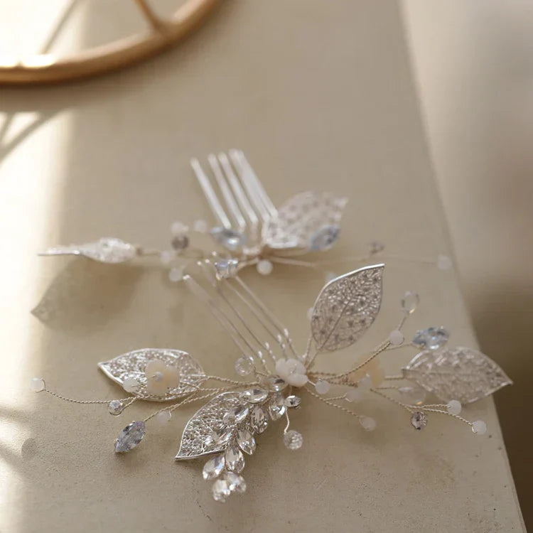 Wedding Accessories Zircon Crystal Hair Comb Pin Clip Silver Color Leaf Head Piece For Brides Bridesmaids Hairpin Bridal Jewelry