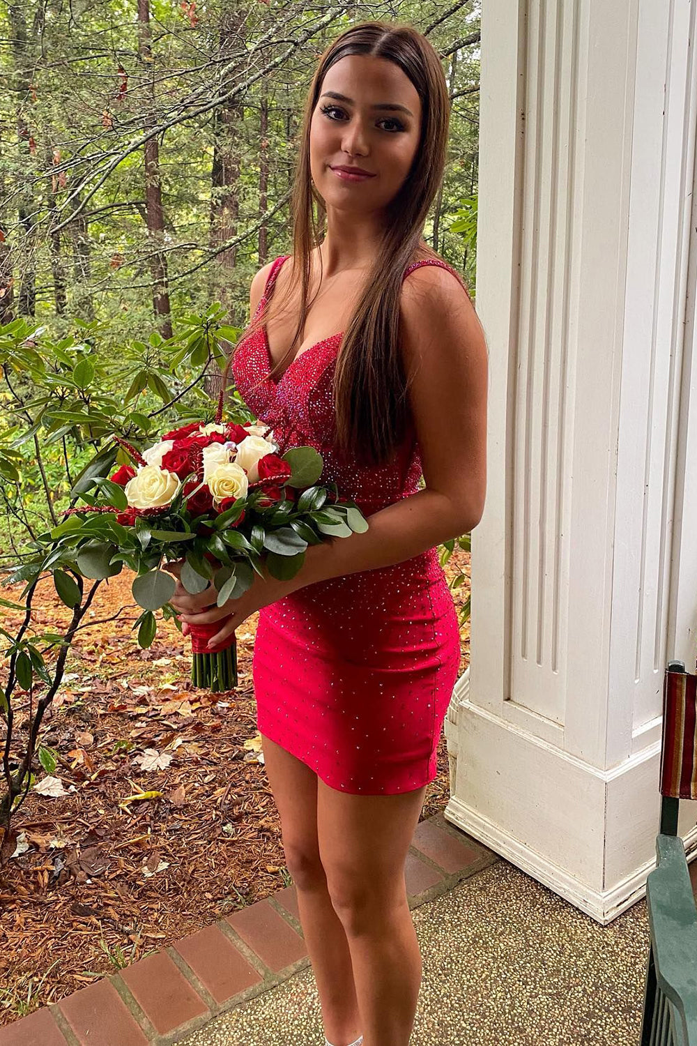 Sheath Spaghetti Straps Red Short Homecoming Dress with Beading