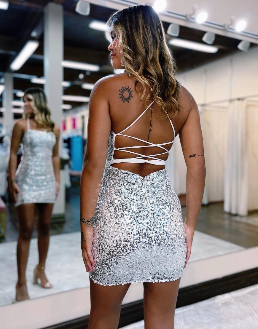 Sparkly Sequin Spaghetti straps Corset Back Tight Homecoming Dress