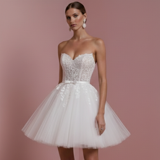 Short Romantic Tulle Wedding Dress Heart Neckline Princess