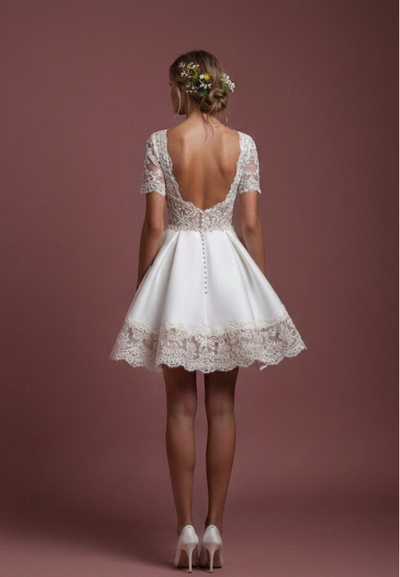 Short Rustic Sleeve Wedding Dress Country Style Lace Trim
