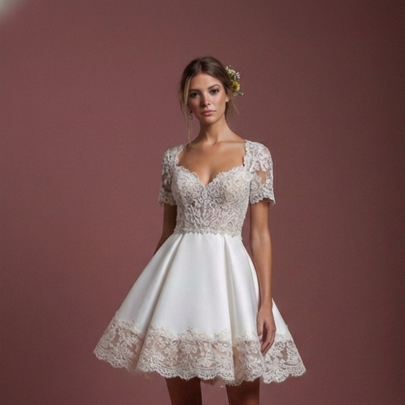 Short Rustic Sleeve Wedding Dress Country Style Lace Trim