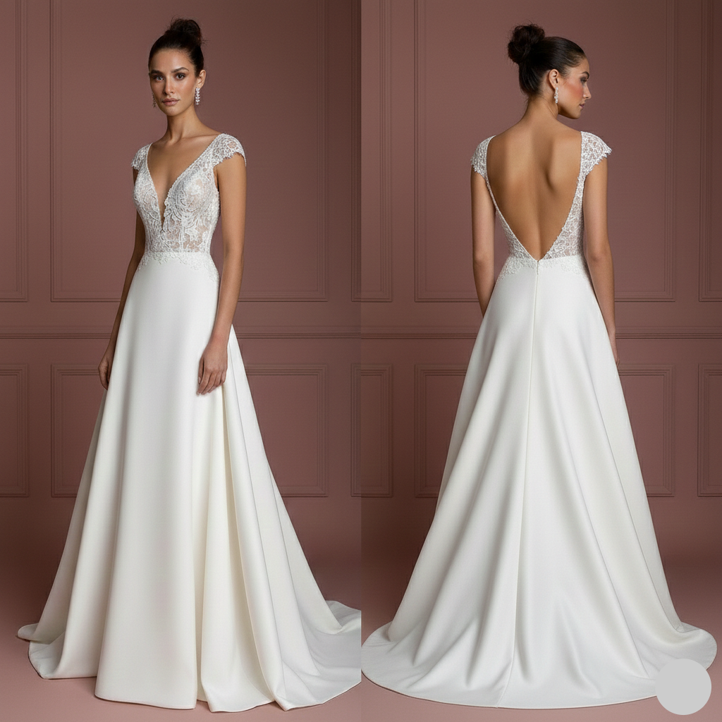 Short Sleeve Wedding Dress Lace Applique Long Train