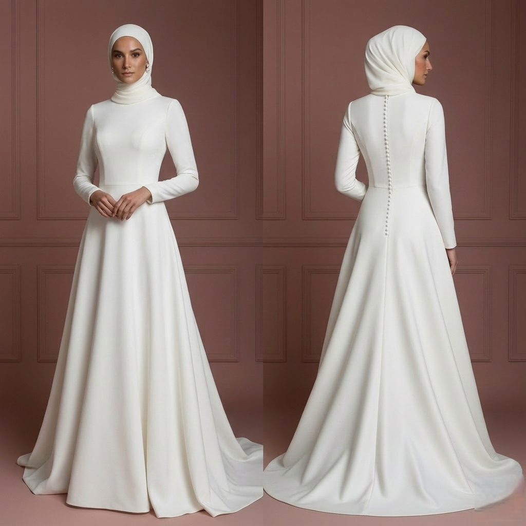 Simple Hijab Bridal Gown Minimalist Modest Wedding Dress Muslim