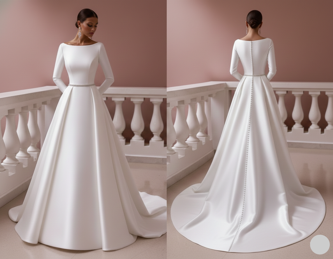 Simple Sleeve Wedding Dress Minimalist Long Crepe Stretch Gown
