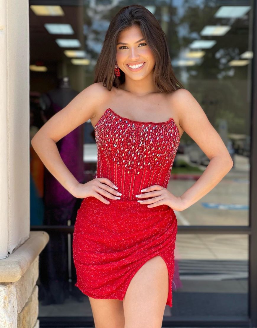 Sparkly Red Strapless Short Homecoming Dress With Split