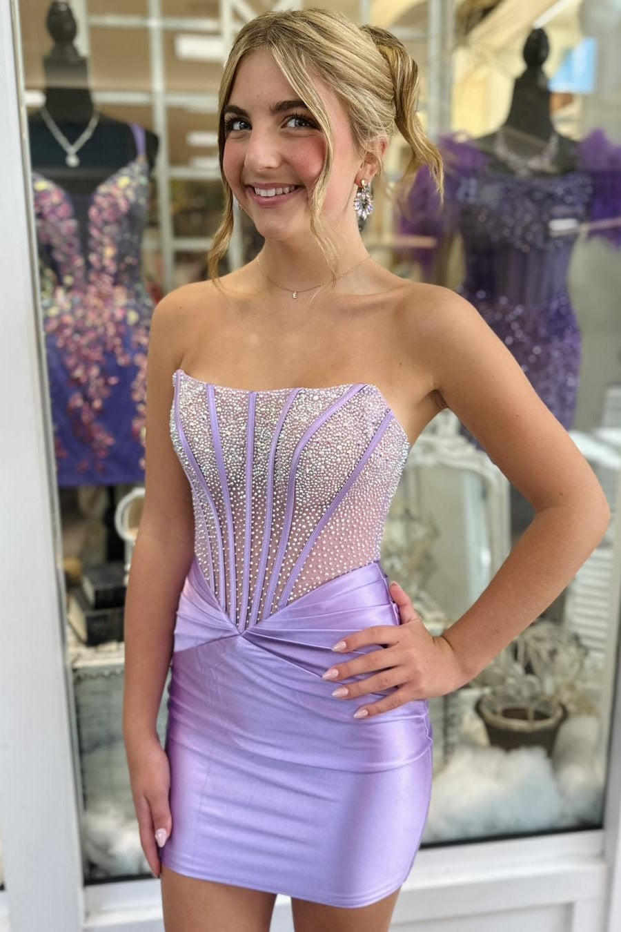 Sparkly Sheath Strapless Orange Short Homecoming Dress with Beading