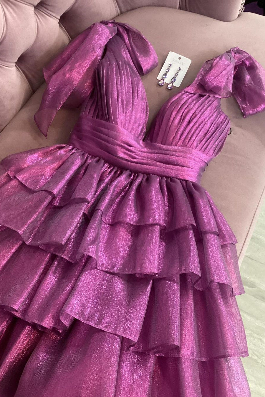 Stunning A-Line Deep V-Neck Short Tiered Satin Homecoming Dress