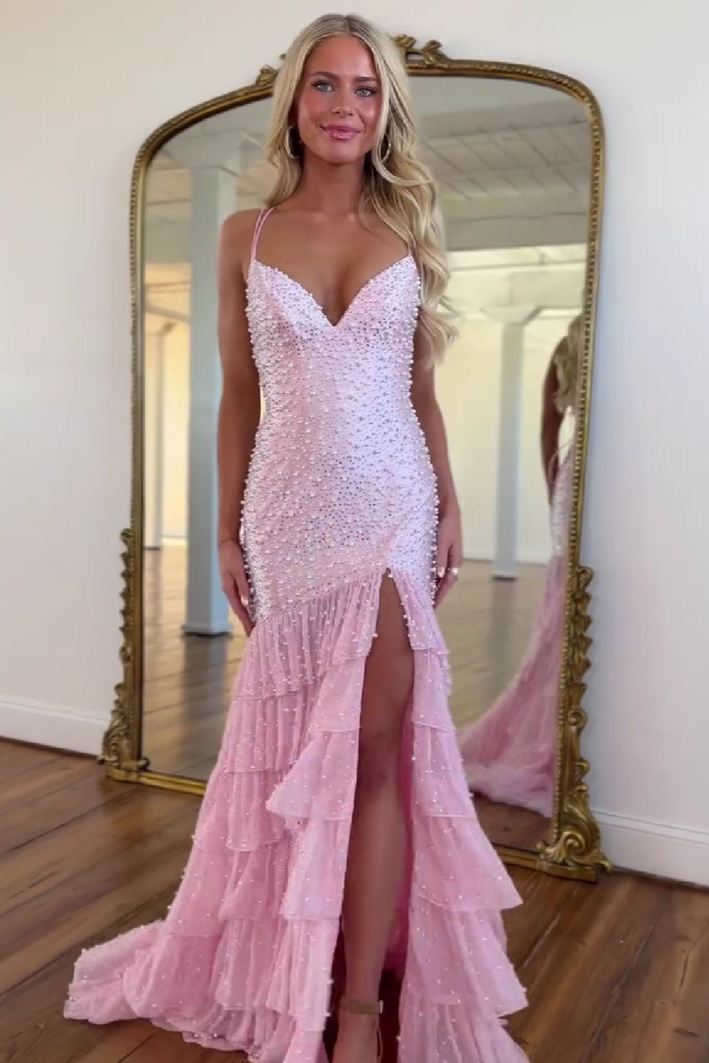 Stylish Mermaid Spaghetti Straps Pink Long Prom Dress with Pearls Split Front