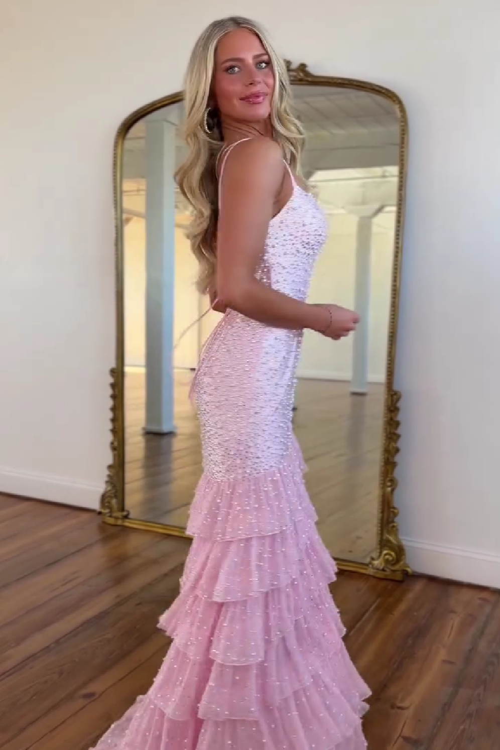 Stylish Mermaid Spaghetti Straps Pink Long Prom Dress with Pearls Split Front