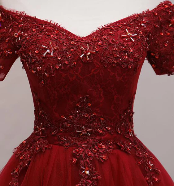 Tulle Dark Red Off The Shoulder Knee Length Homecoming Dress, Red Party Dress