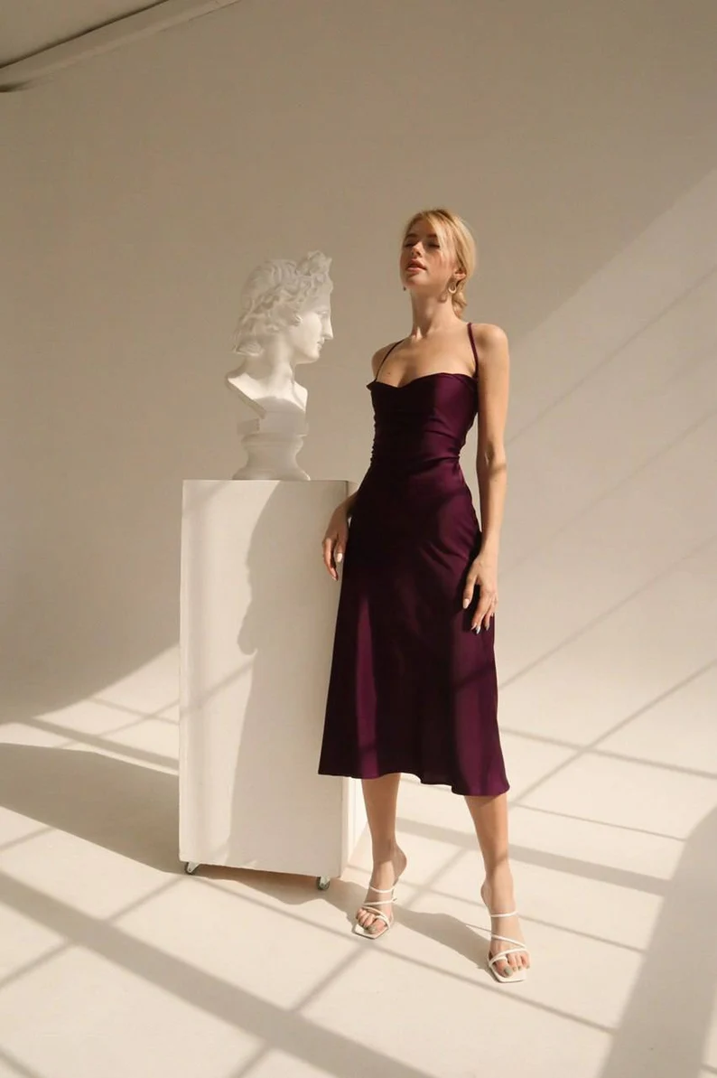 Midi Silk Slip Dress With Cowl Neck Sheath Backless Party Dress