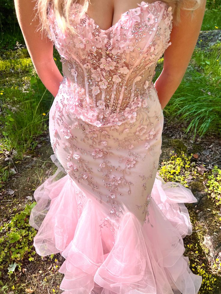 Pretty Strapless Pink Tulle Appliques Beaded Mermaid Party Dress Long Evening Gown