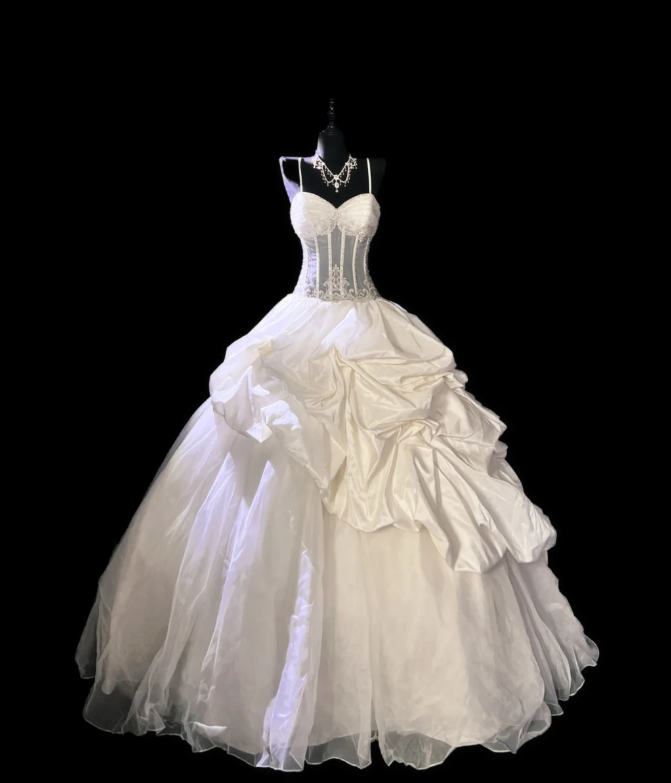 Pretty Spaghetti Straps Tulle Satin Pleated Beaded White Formal Wedding Dress Bridal Dress