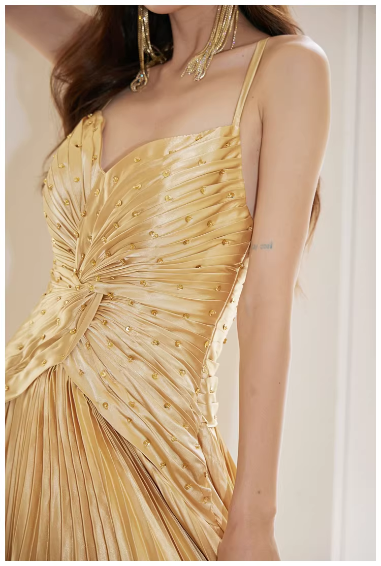 Gorgeous Spaghetti Straps Gold Satin Pleated Beaded A Line Long Evening Dress Birthday Dress