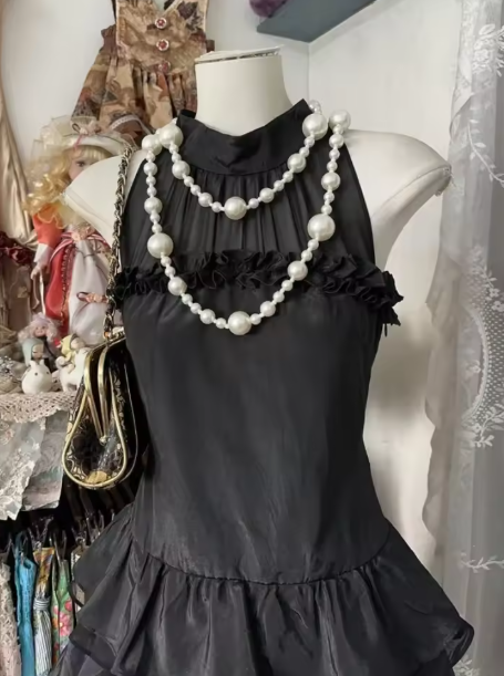 Black Vintage Halter Neck A Line Layered Mini Party Dress 6th Grade Homecoming Dress