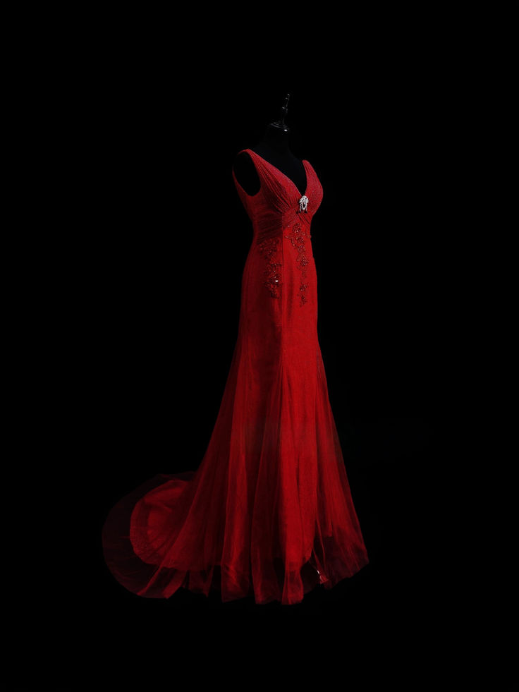 Charming Red V Neck Satin Tulle Mermaid Evening Dress Long Prom Dress
