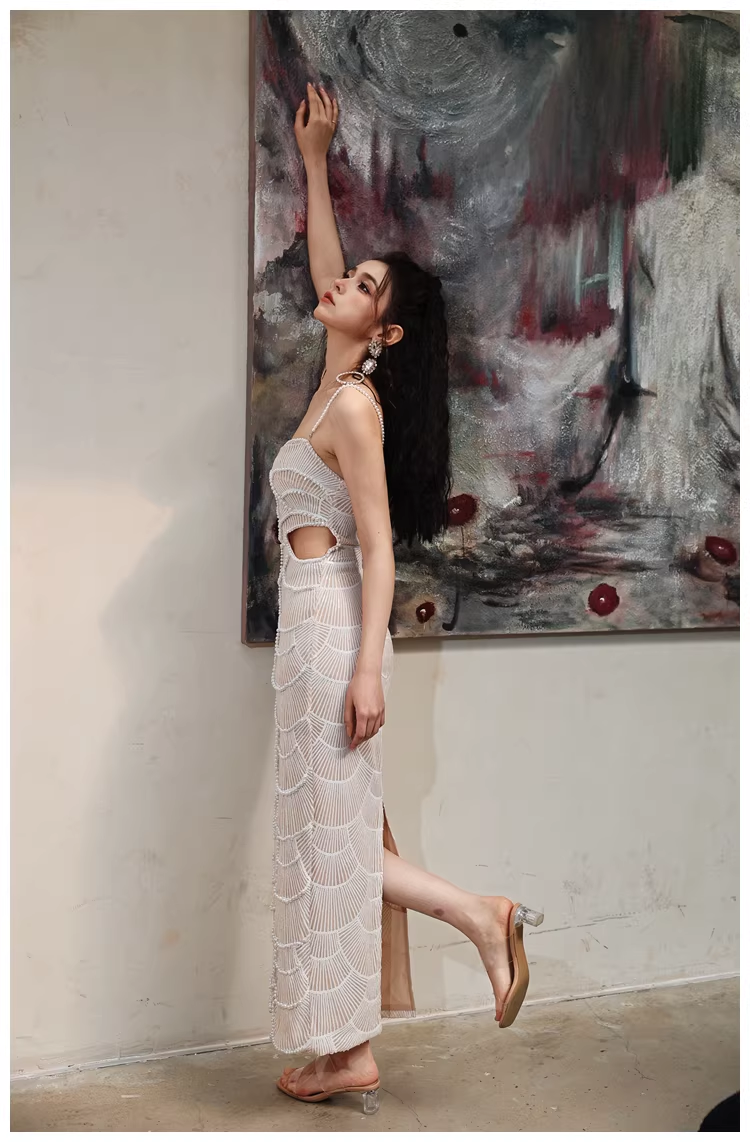 Unique Spaghetti Straps Sequin Pearls Sheath Slit Long Party Dress Birthday Evening Gown