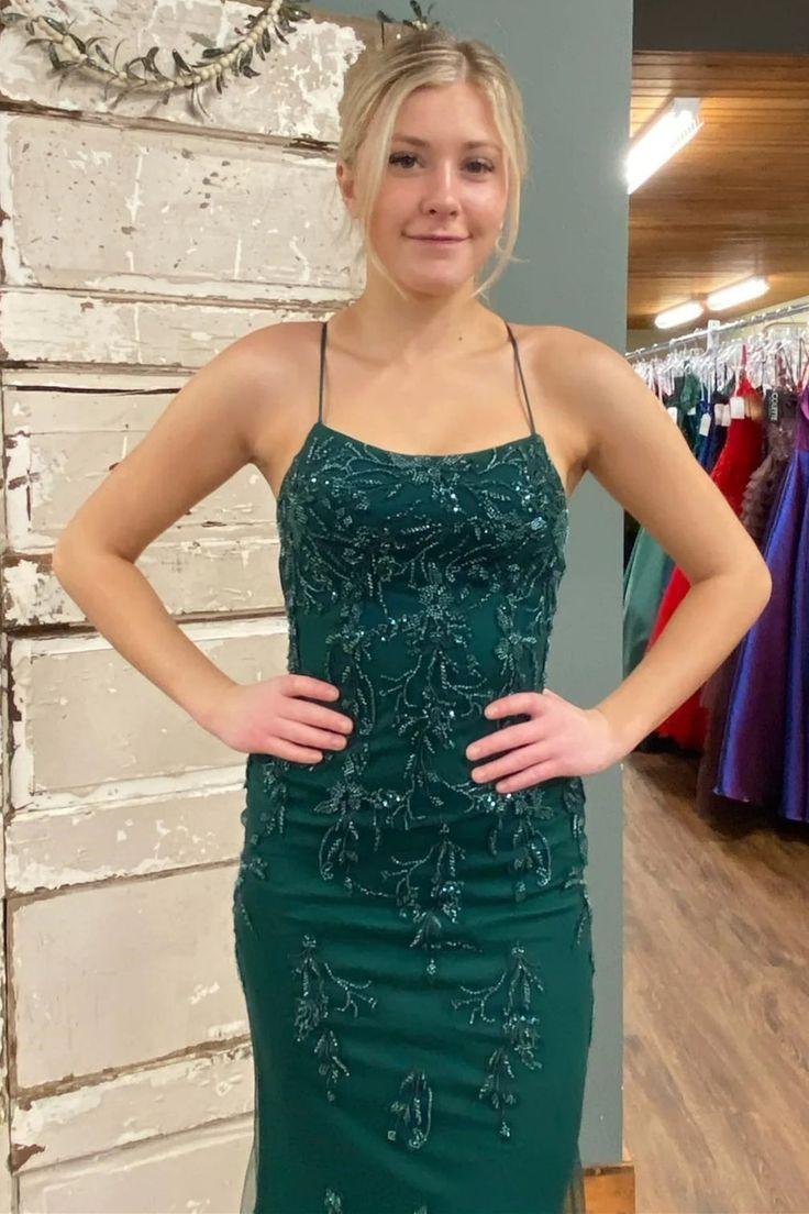 Sexy Backless Mermaid Green Tulle Beaded Long Prom Dress Formal Evening Gown