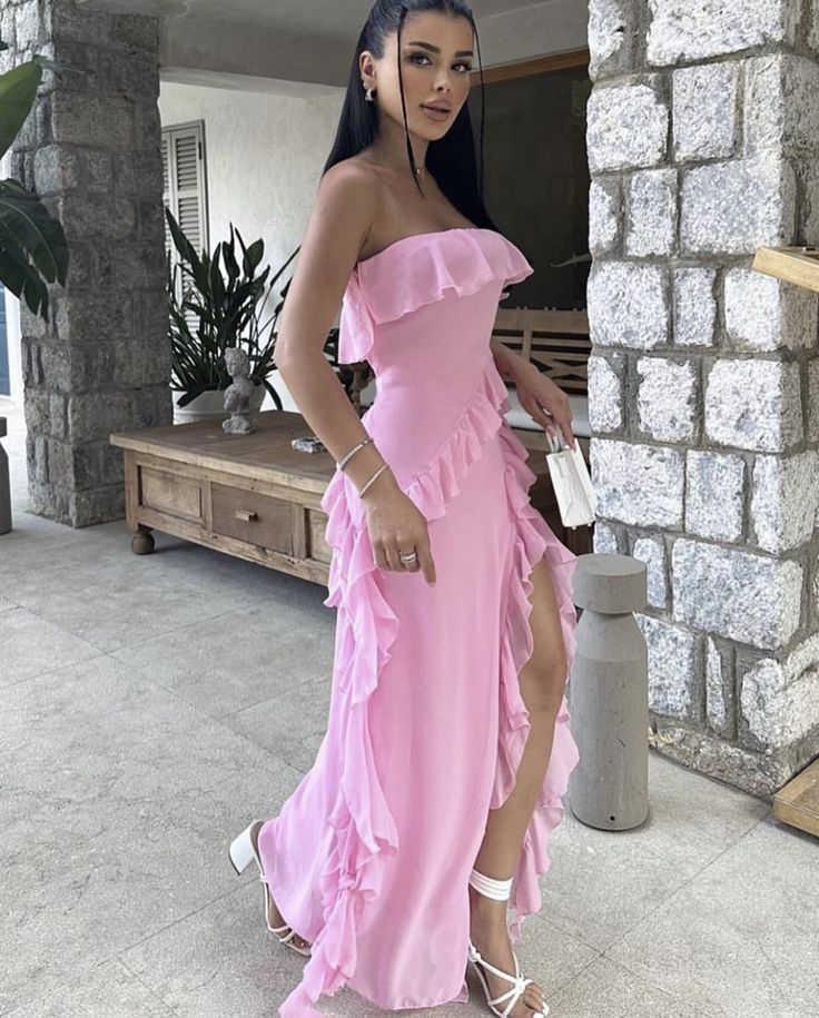 Pink Strapless Chiffon Ruffle Evening Dress,Slit Party Prom Dress