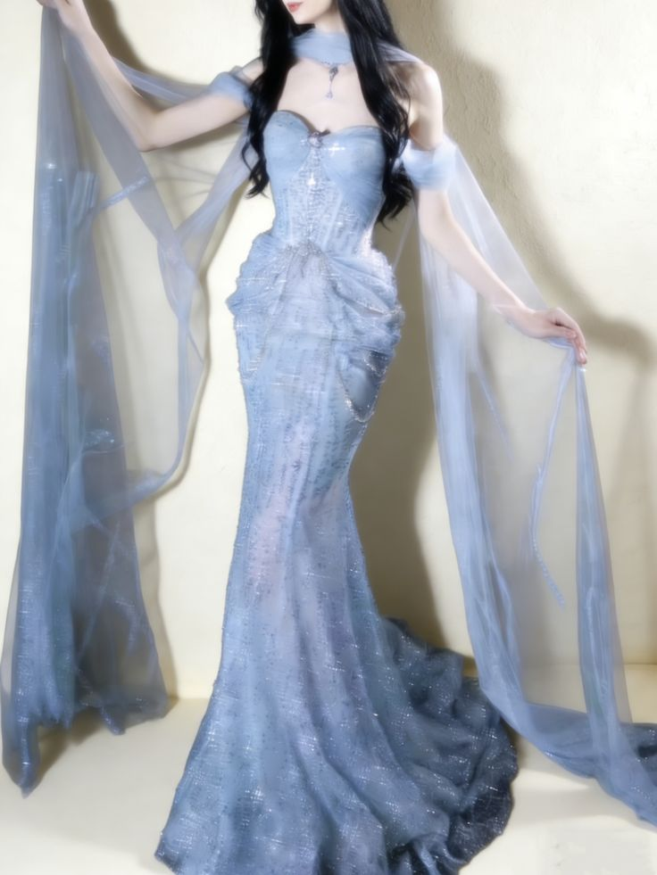 Glitter Sky Blue Strapless Tulle Sequin Beaded Mermaid Evening Dress Long Birthday Prom Dress Party Dress
