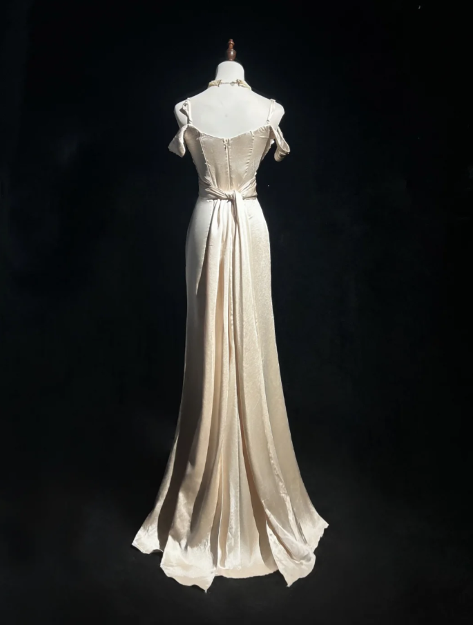 Elegant Light Champagne Off The Shoulder Formal Wedding Guest Dress Long Mermaid Slit Evening Dress Party Dress
