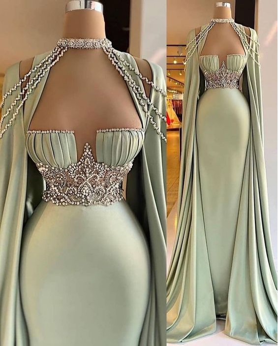 Arabic Green Mermaid Evening Dress Elegant Sleeveless Halter Neck Soft Satin Beading Prom Dresses Long Party Gown