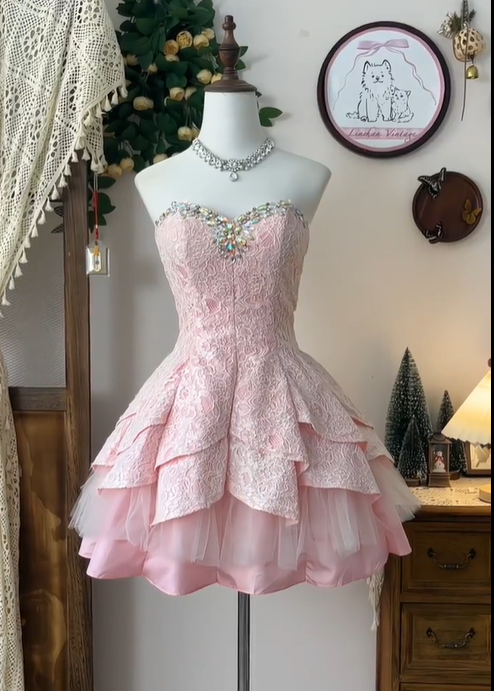 Classy Pink Satin Lace Beaded Formal Homecoming Dress Strapless A Line Mini Party Dress