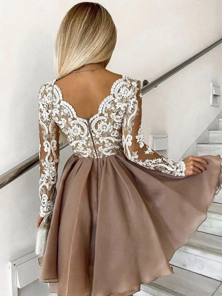 Long Sleeves Short Champagne Lace Homecoming Dresses, Short Champagne Lace Formal Graduation Dresses