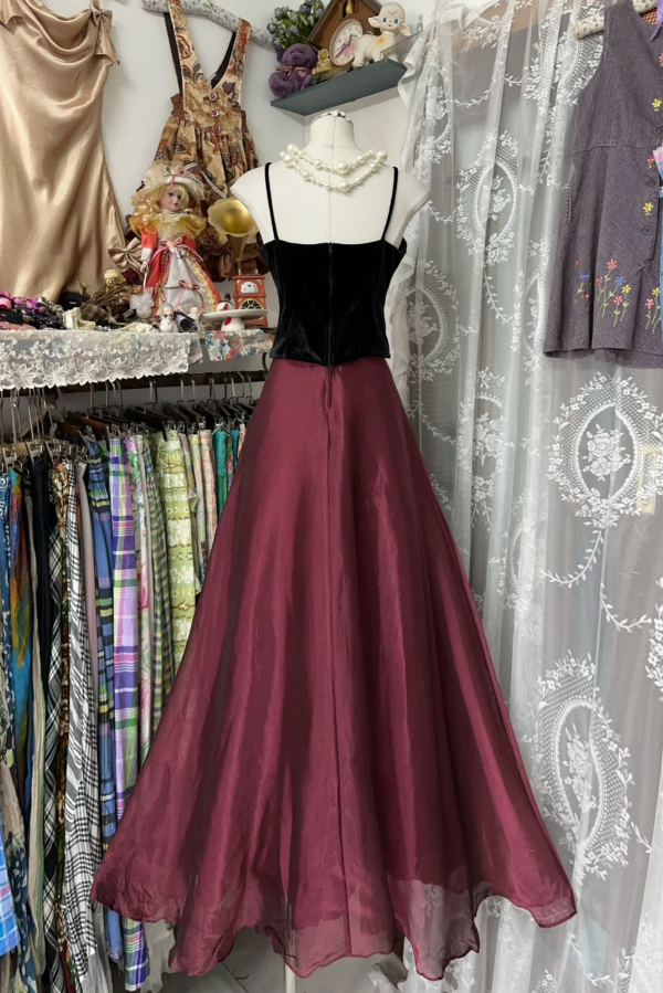 Vintage Burgundy Spaghetti Straps Organza Long Evening Dress Formal Birthday Party Gown