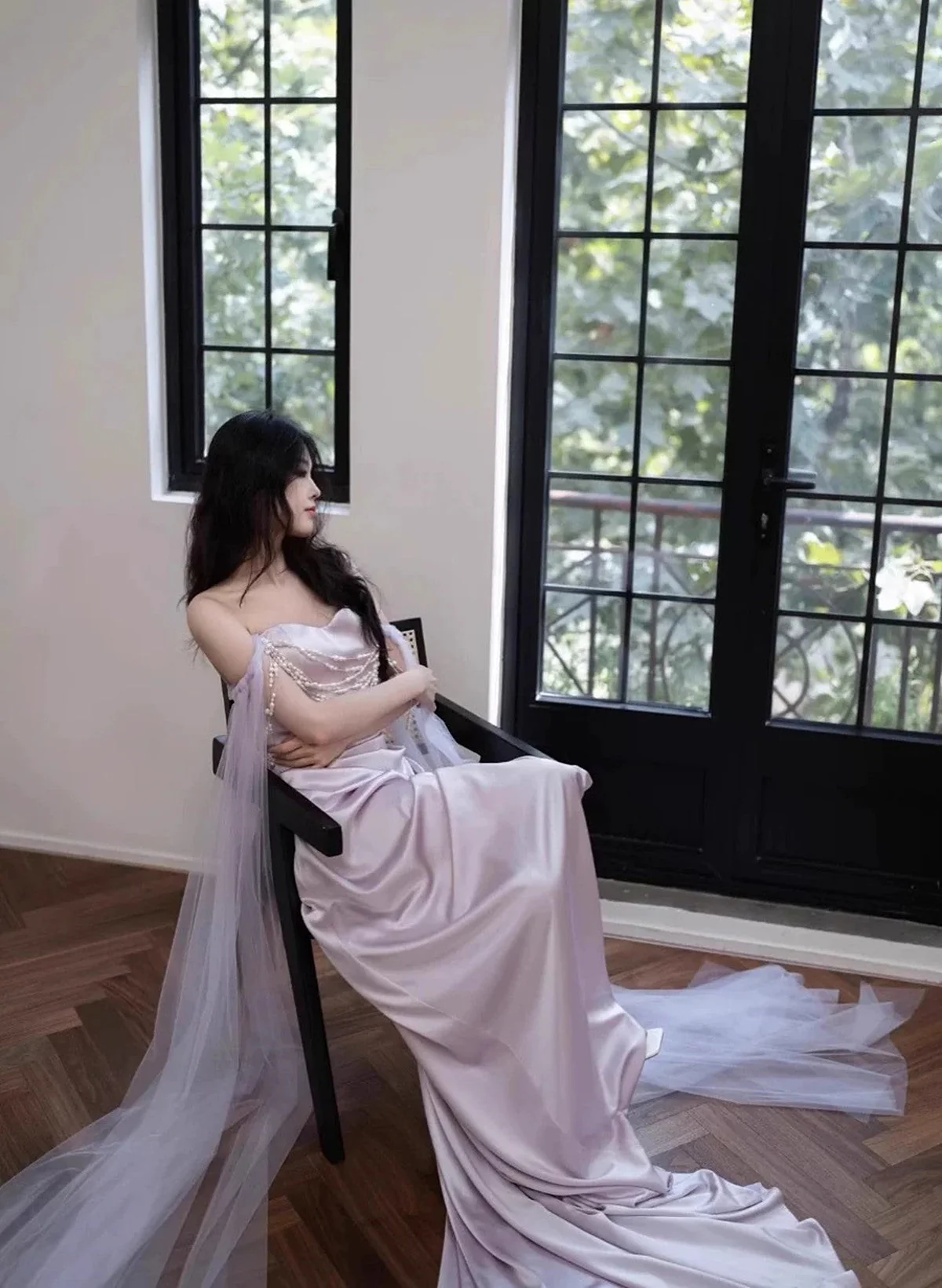 Elegant Lilac Satin Mermaid Pearls Evening Dress Long Prom Dress Wedding Dress