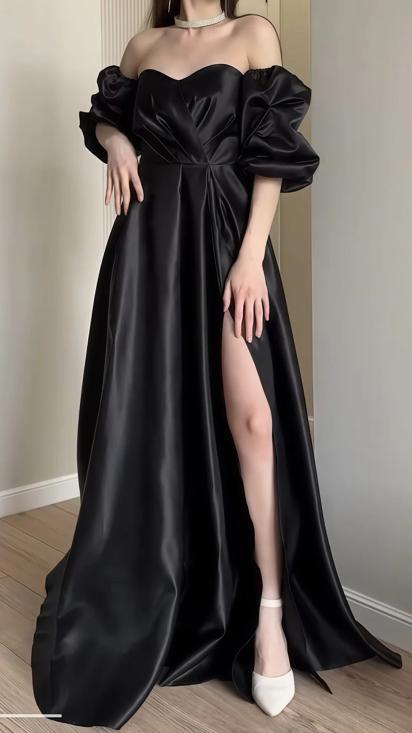Pretty Black Off Shoulder Puff Sleeves Evening Dress,A Line Slit Party Gown