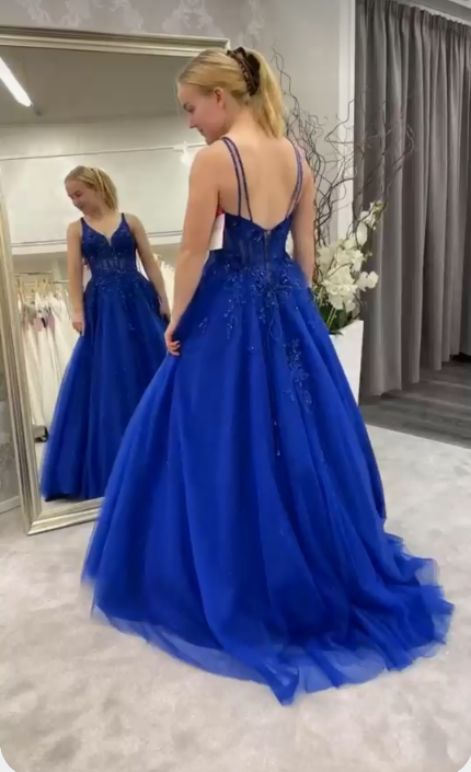 A-line V Neck Royal Blue Prom Dress Sleeveless Prom Dress Sweet 16 Dress