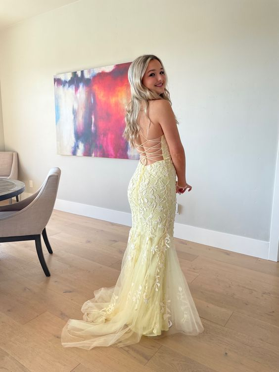 Sexy Yellow Lace/Tulle Long Prom Dresses,Evening Dresses,Winter Formal Dresses