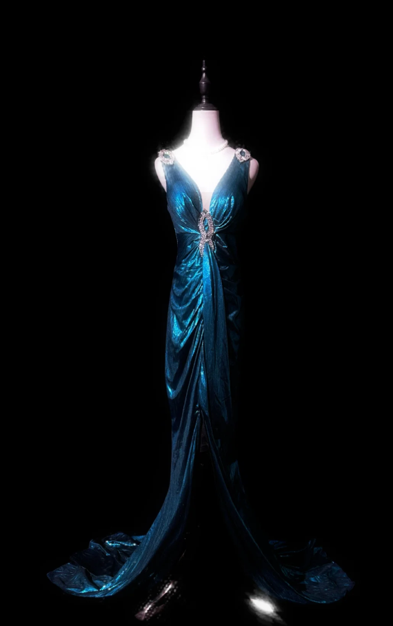 Charming V Neck Blue Satin Beaded Mermaid Evening Dress Long Party Dress