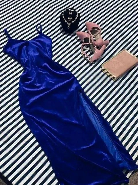 Sexy Spaghetti Straps Velvet Sheath Slit Evening Dress Blue Party Prom Dress