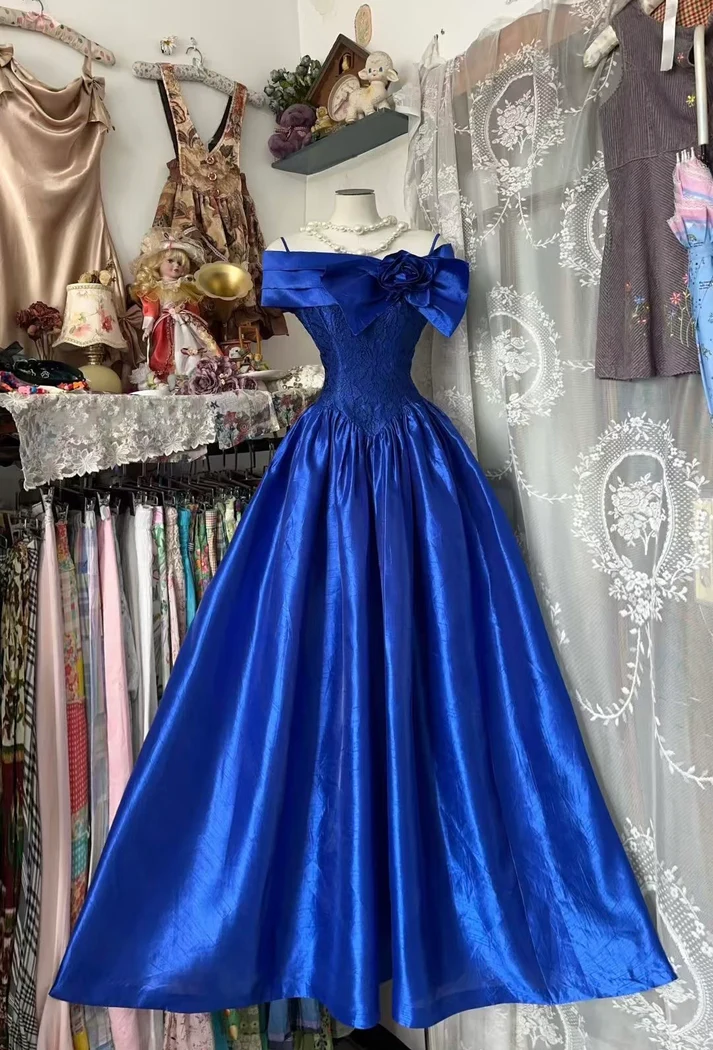 Vintage Royal Blue Spaghetti Straps Off The Shoulder Satin A Line Long Party Dress Evening Dress