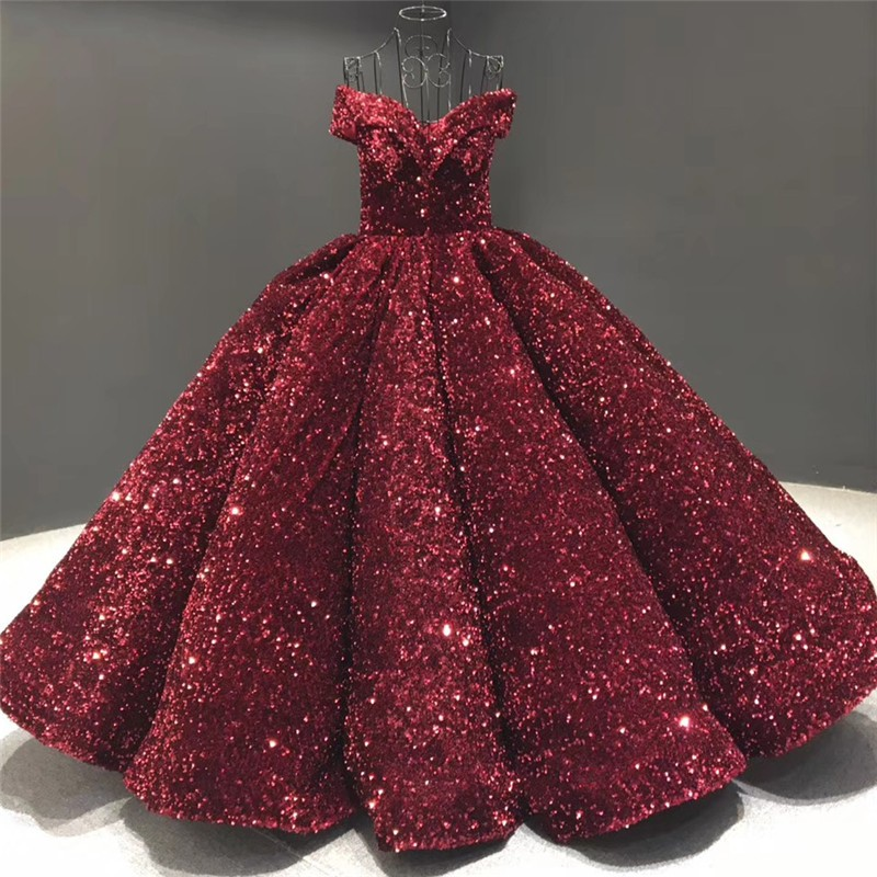 Sparkly Sweetheart Off The Shoulder Ball Gown Wedding Dresses | Sequin Puffy Bridal Gown