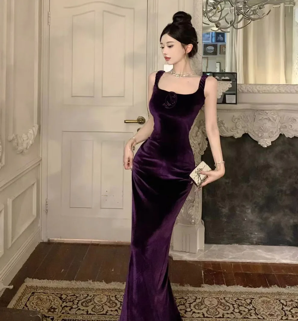 Purple Elegant Off Shoulder Mermaid Evening Dress,Velvet Slit Mermaid Party Prom Dress