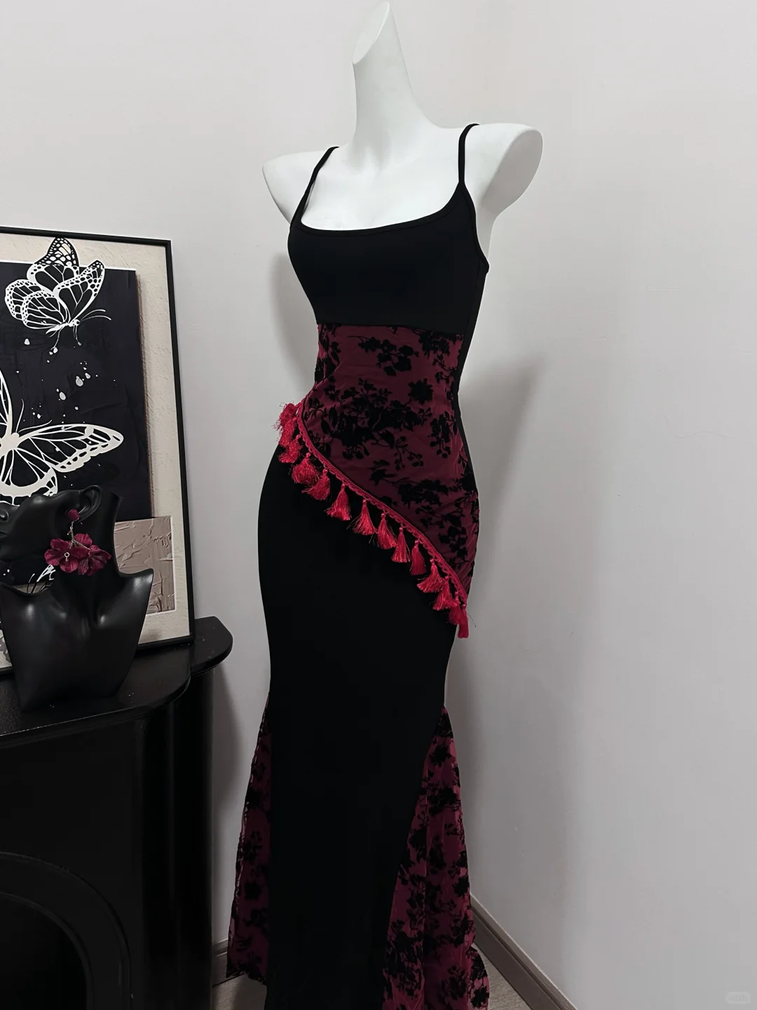 Classy Spaghetti Strap Black Burgundy Sheath Mermaid Birthday Party Dress Evening Gown