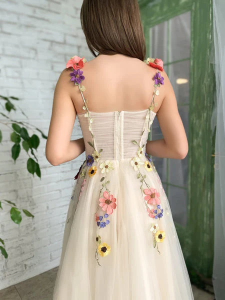 Tea Length Straps Homecoming Dress With Flower, Cocktail Dresses With 3D Flower