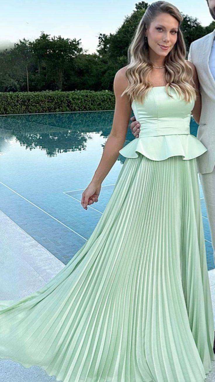 Cute Light Green Strapless Satin Chiffon Pleated Long Party Dress Formal Wedding Guest Dress