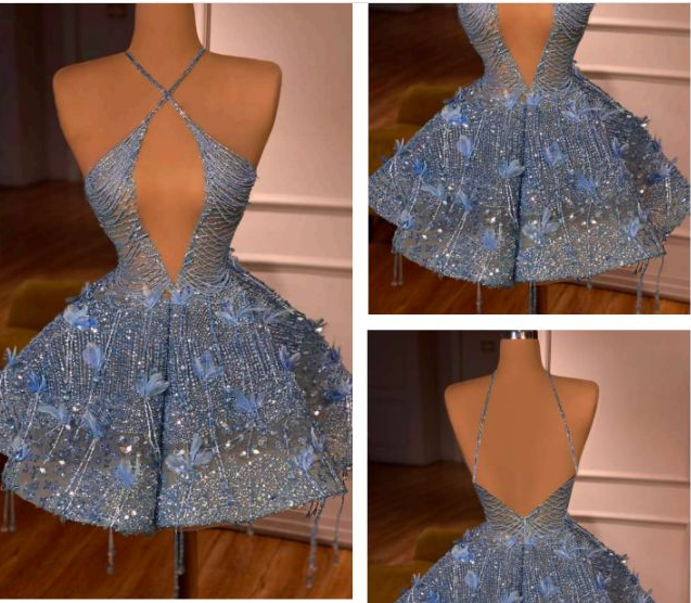 Luxurious Halter Blue Sequin Beaded A Line Short Party Dress Cocktail Dress Formal 7th Grade Homecoming Dress